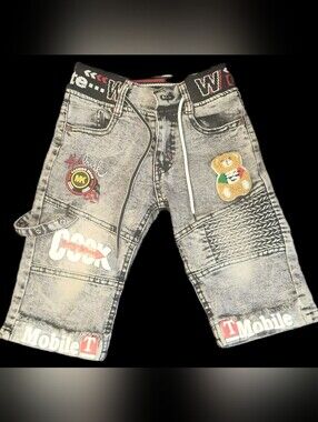 #KB53 Kids Grey Washed Graphic Jeans with Teddy Patch